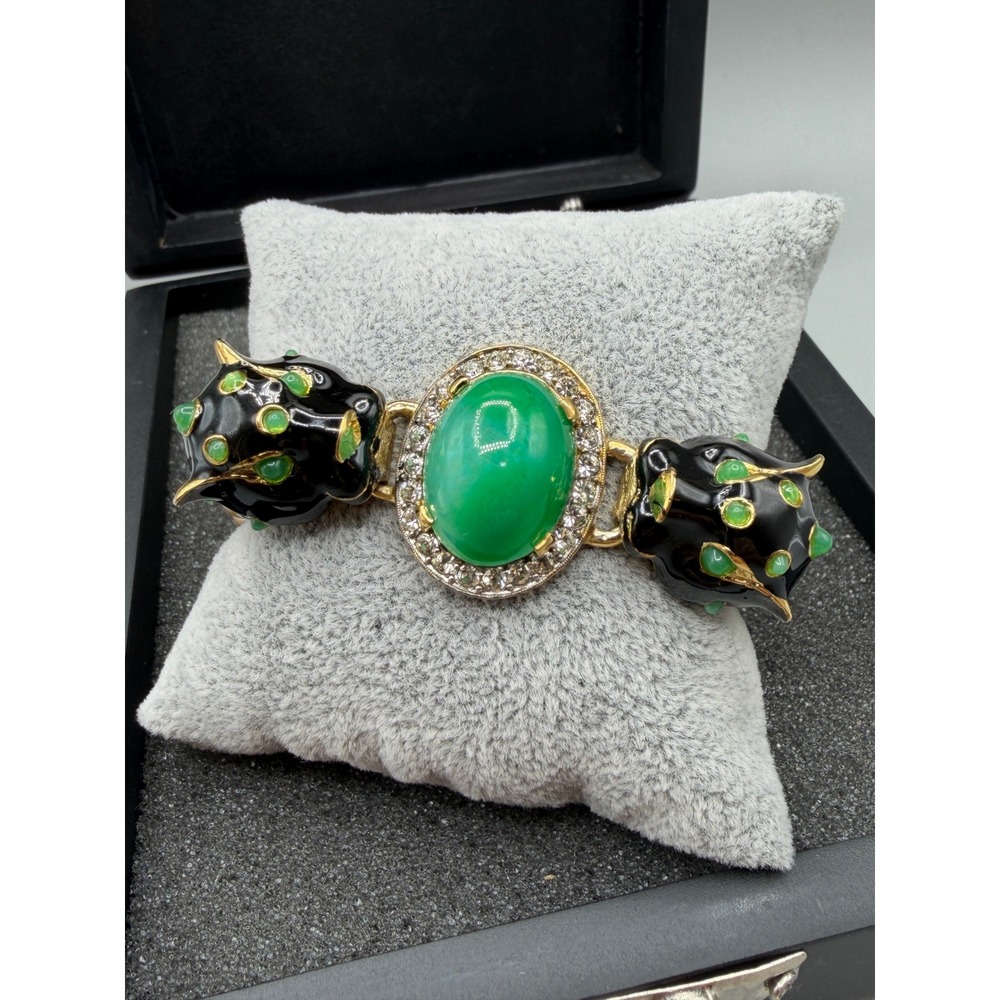 Vintage JOMAZ Joseph Mazer Bracelet Faux Jade Cabochon Pearls Black Enamel #1071